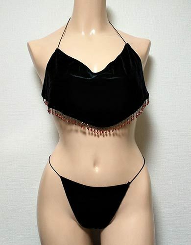 飾り付きブラ&Tバックパンティ　ベルベット地　サイズ：M～L 新品・未使用