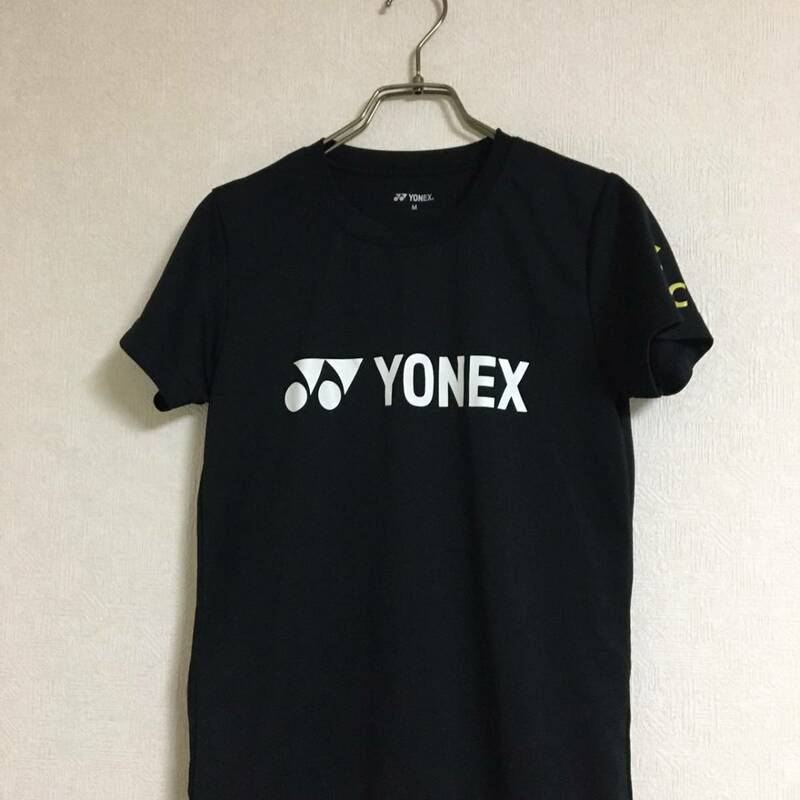 YONEX ヨネックス ロゴ刺繍 ドライ Tシャツ レディース Mサイズ バックプリント 黒 ブラック 半袖 テニス バドミントン 卓球