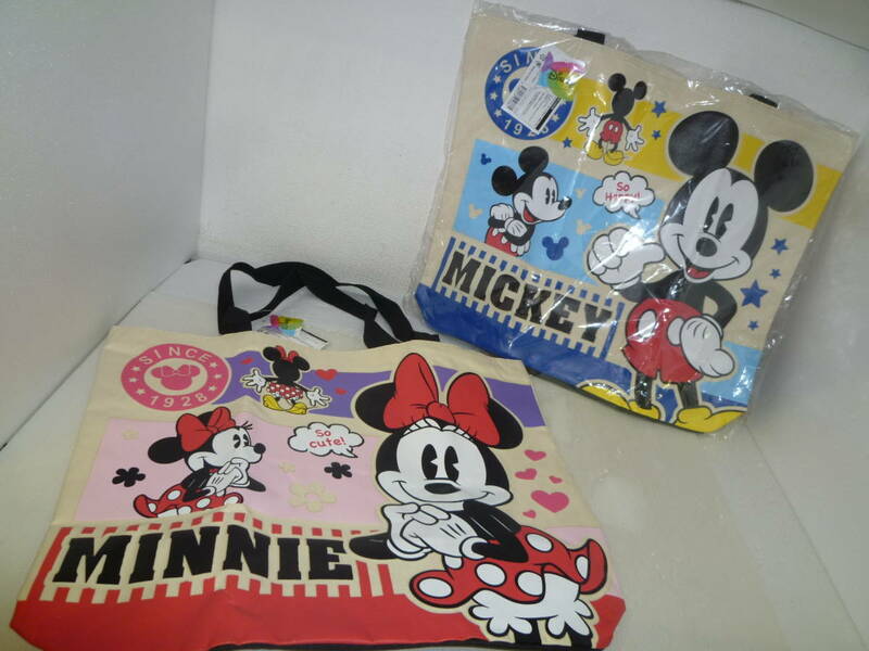 ●未使用 ディズニー ビッグ トートバッグ ファスナー付き ミッキーマウス & ミニーマウス 2種セット 送料710円～
