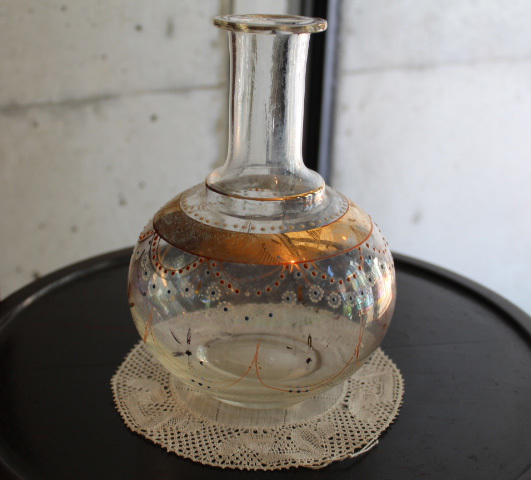 アンティーク【ガラス ペイント エナメル】花瓶 フラワーベース 花入れ 花器 古い 気泡