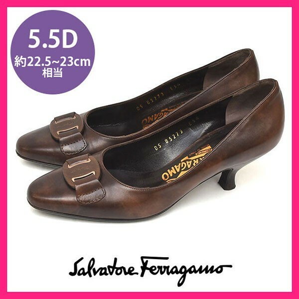 美品 サルヴァトーレフェラガモ Salvatore Ferragamo ロゴバックル アーモンドトゥ パンプス ブラウン 茶 5.5D(約22.5-23cm) sh22-8785