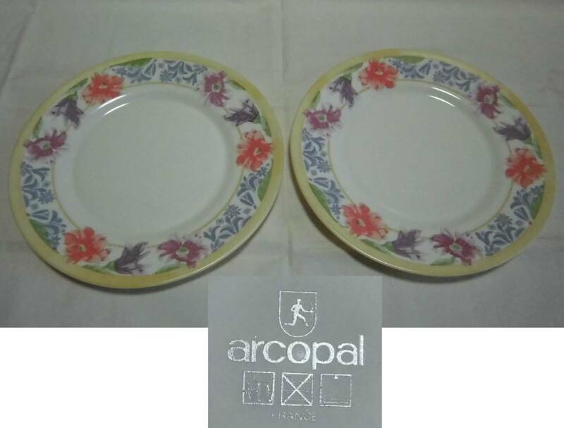 中皿 arcopal アルコパル france フランス 2枚 耐熱皿 色絵 平皿 デザート ケーキ フルーツ プレート 19.5cm レトロ