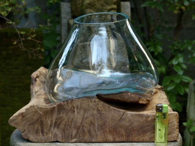 吹きガラスの花瓶+流木台座 h13cm アクアリウム水槽 テラリウム ガラスオブジェ メダカ鉢　玄関飾り 1005e