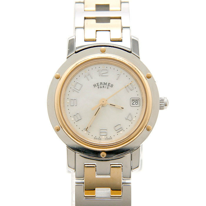 中古良品 エルメス 腕時計 HERMES クリッパー レディースクォーツ CL4.220 ホワイトシェル文字盤 旧バックル ブランド腕時計