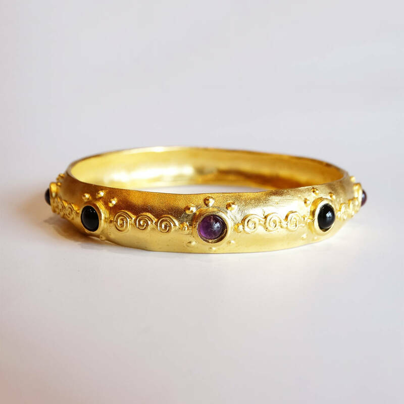 ★「LESLIE」80s Vintage art glass gold matte metal bangle