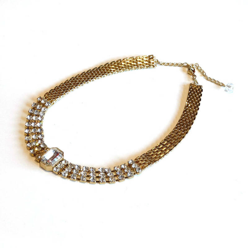 ★80s Vintage clear rhinestones gold choker necklace
