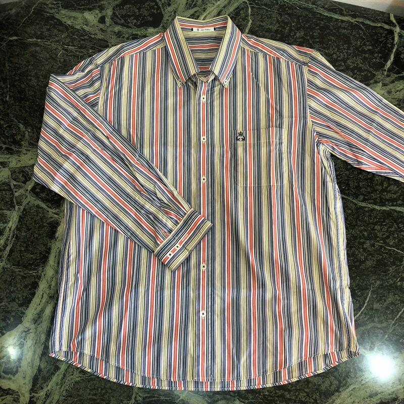 【極美品】gee gellan★ジーゲラン メンズ 長袖シャツ 50サイズ XLサイズ相当 ボタンダウンシャツ ストライプ マルチカラー