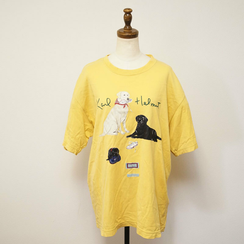 yl07-KARL HELMUT カールヘルム Tシャツ L イエロー プリント 犬 DOG ワッペン ピンクハウス日本製