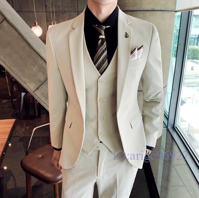Q609☆新品スーツメンズ スリーピース ビジネススーツ セットアップ 2ピーススーツカジュアルスーツ 洗える紳士服通勤結婚式 ベージュ