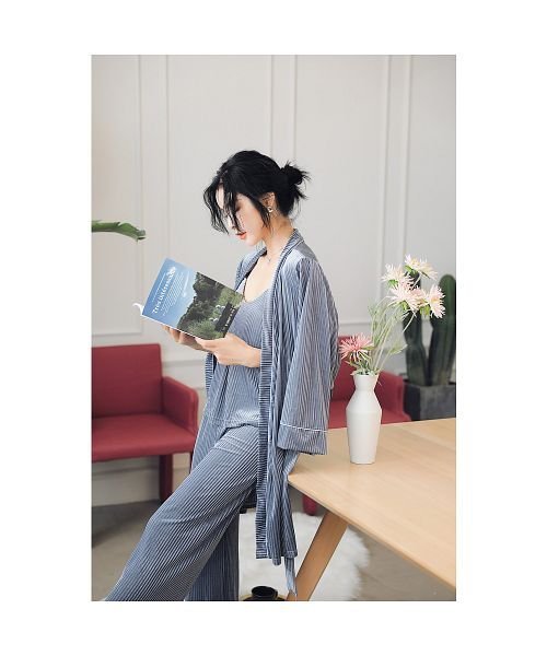 【新品】ブルー　XLサイズ　ルームウェア ロングガウン 3点セット sy560 並行輸入