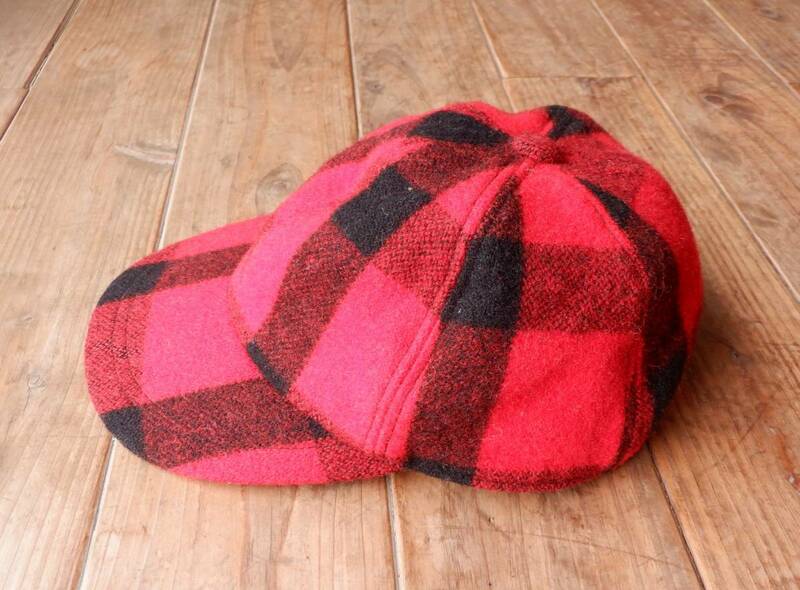 送料無料♪80's USA製ウールベースボールキャップ 6パネル バッファローチェック 赤×黒 size L ワークキャップ帽子 ビンテージ古着vintage