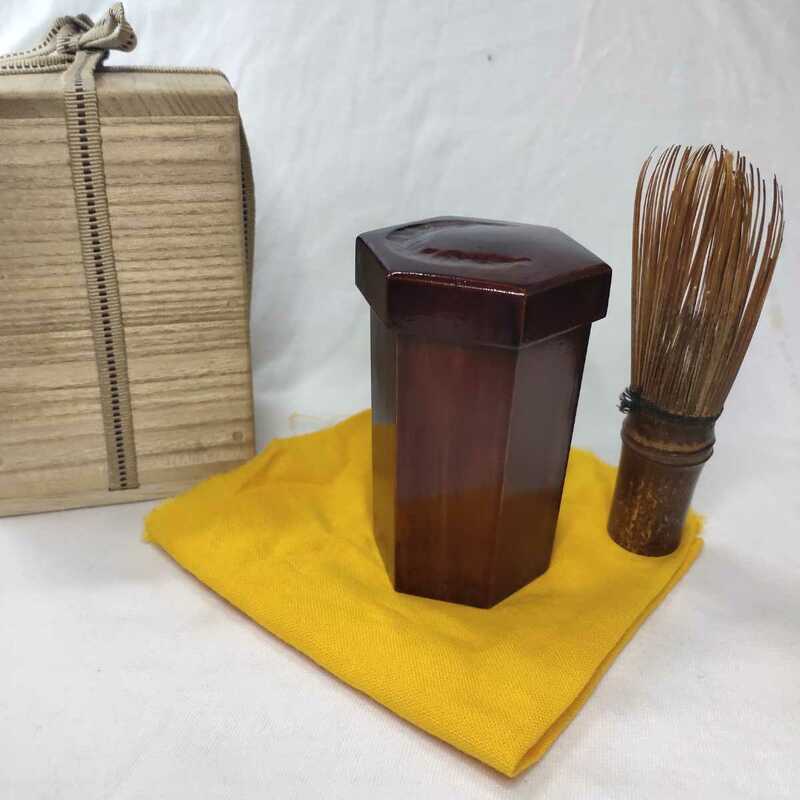 茶道具 竹製六角茶入 漆塗り 手作り 桐箱 未使用品 旧家蔵出し コレクター放出