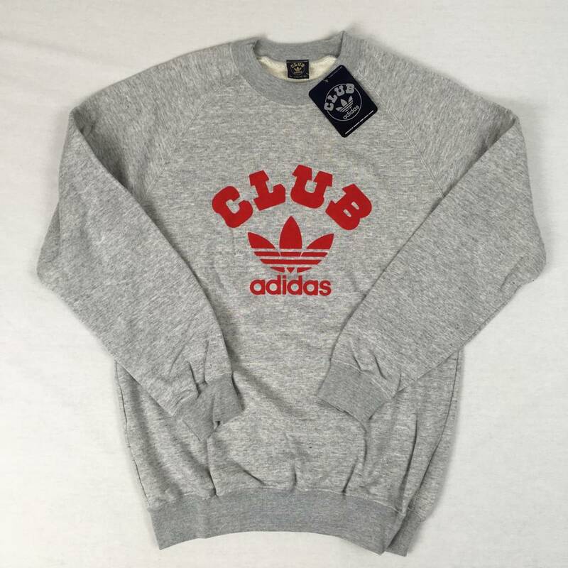 【80s/新品】CLUB adidas クラブ アディダス ACB-254 スウェット トレーナー フロッキープリント ロゴ グレー/レッド Lサイズ デサント製