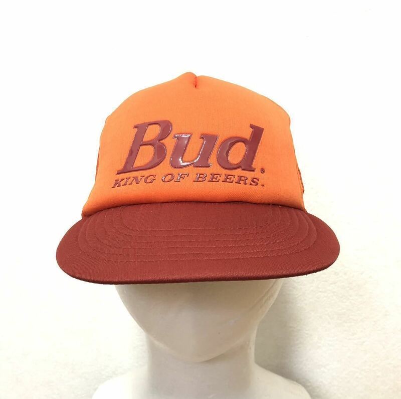 未使用 Bud KING OF BEERS メッシュ キャップ オレンジ スナップバック BUDWEISER 帽子 フリーサイズ バドワイザー 90s ビンテージ Cap