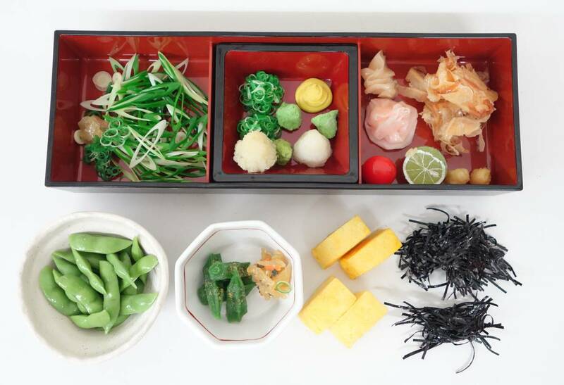 食品サンプル　レトロ＊蕎麦 そば　うどん　日本料理 　薬味や小鉢素材等まとめて　枝豆　卵焼き　オクラ 　刻み葱　ねぎ　などなど　