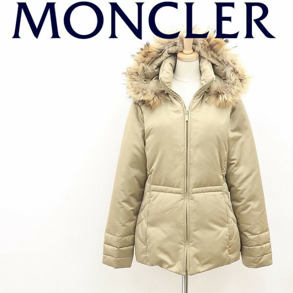 茶タグ◆MONCLER モンクレール ラクーンファー付 フーデッド ダウン コート ジャケット ベージュ 0 国内正規品