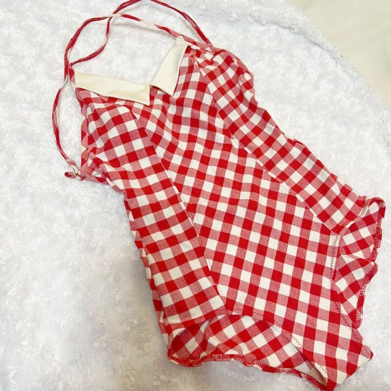 赤白 ギンガムチェック　襟付 可愛い 水着 ワンピース スイムウェア 9号 日本製 M キュート ドール風 セクシー レア ロリ