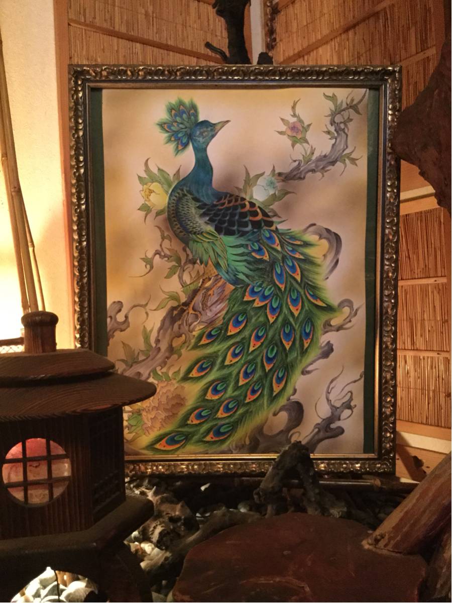 和風、花鳥画、孔雀、牡丹