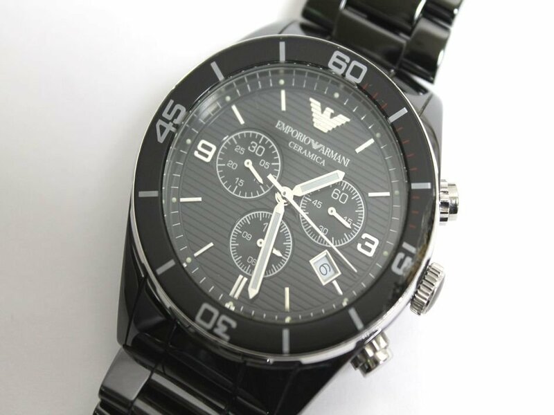 中古 EMPORIO ARMANI セラミカ メンズ 腕時計 AR-1424 クロノグラフ 3針 デイト SS セラミック クォーツ ブラック系 エンポリオアルマーニ