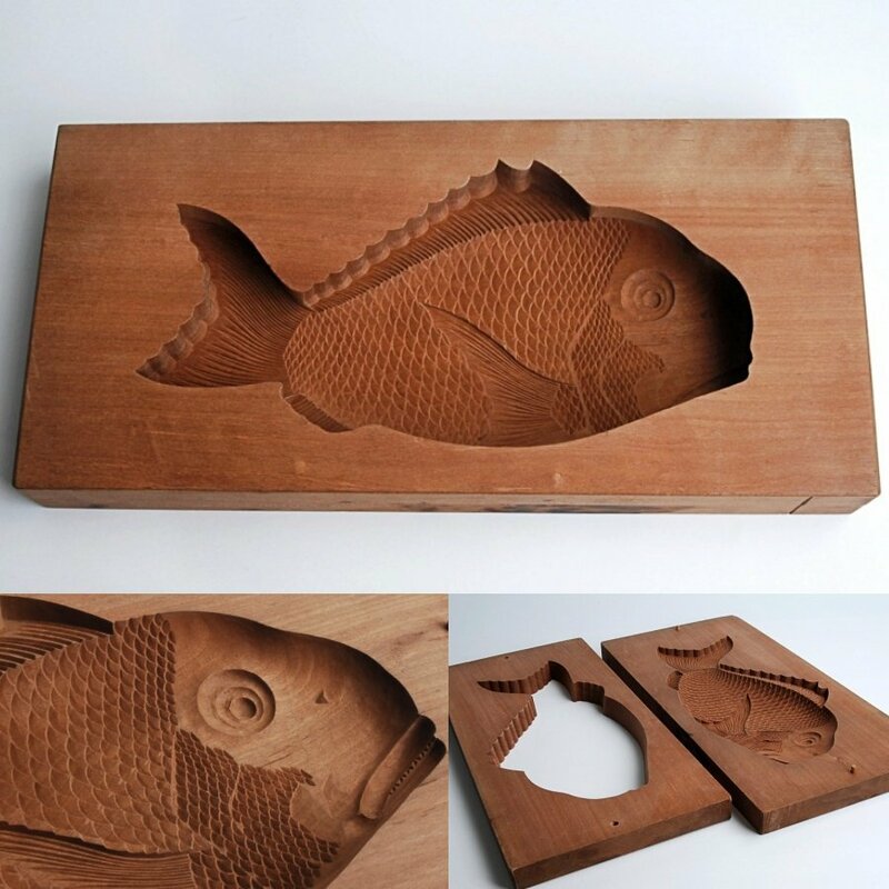 鯛　タイ　菓子型　木製　幅約41.5×19.5ｃｍ、鯛長さ約30ｃｍ　菓子木型