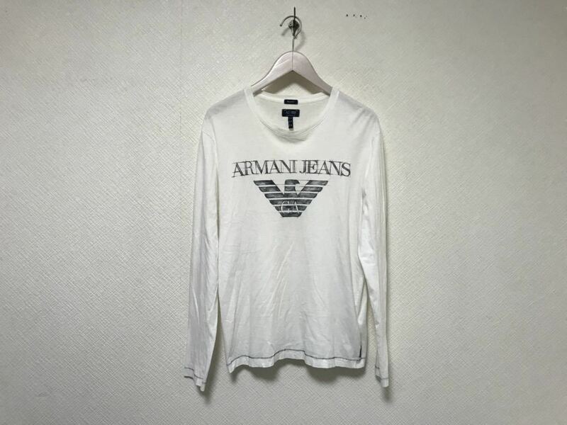 本物アルマーニジーンズARMANI JEANSコットンロゴプリント長袖TシャツロンTメンズアメカジサーフビジネススーツM白ホワイトペルー製