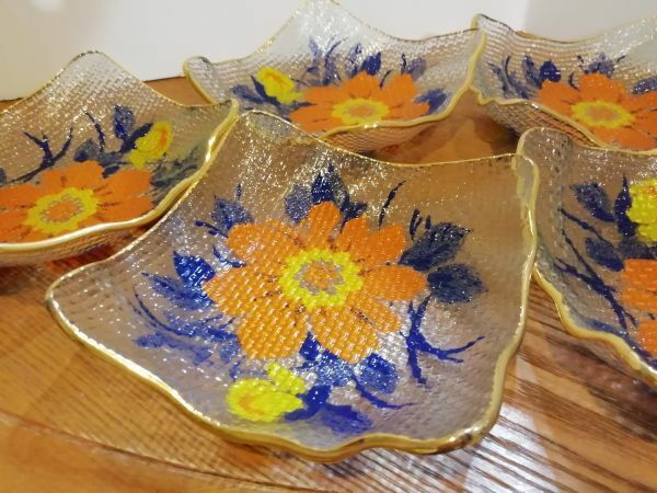 オレンジ ガラス皿 5枚セット 手書き 金彩 エンボス 昭和レトロ ハンドメイド 花柄 オレンジ レトロポップ 送料込み