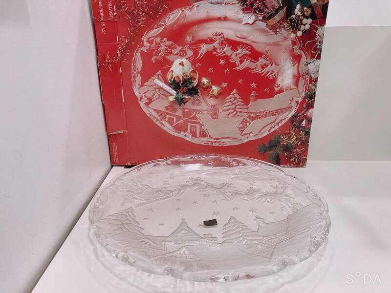 ◆【未使用】ドイツ製　MIKASA Christmas Village　ガラス大皿　ビッグサイズ　サービスプレート　クリスマス　ケーキ皿 