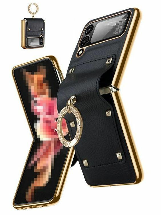 Samsung Galaxy Z Flip4 ケース カバー 折りたたみ型 スマホリング付き ヒンジ保護 ブラック ゴールド レザー風 即納