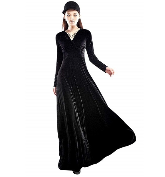 Vネック ベロア ハイウエスト ロング ドレス （黒 XL）マキシ丈 カシュクール ワンピース パーティー