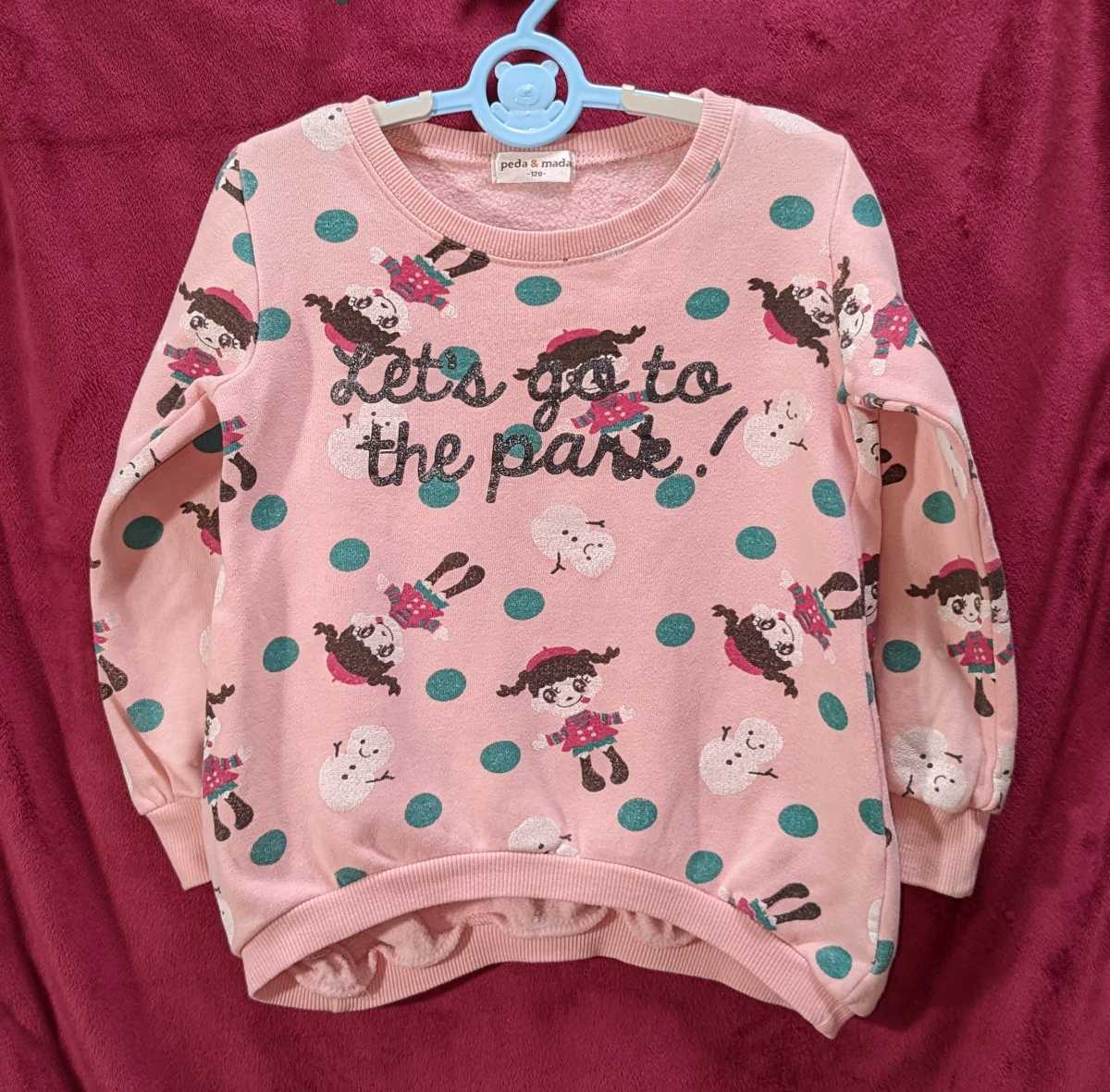 ★120サイズ ★peda&mada ★女の子と雪だるまのプリントがいっぱい長袖カットソー プルオーバー ピンク(記名あり)