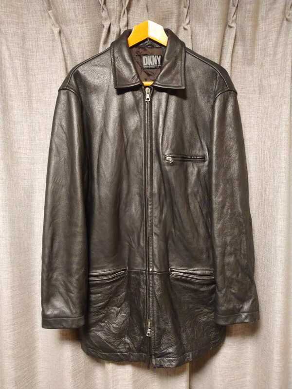 DKNY レザーコート 黒 M ダナ・キャラン ニューヨーク レザージャケット ナイロンパーカー デニムパンツ スエット シャツ 