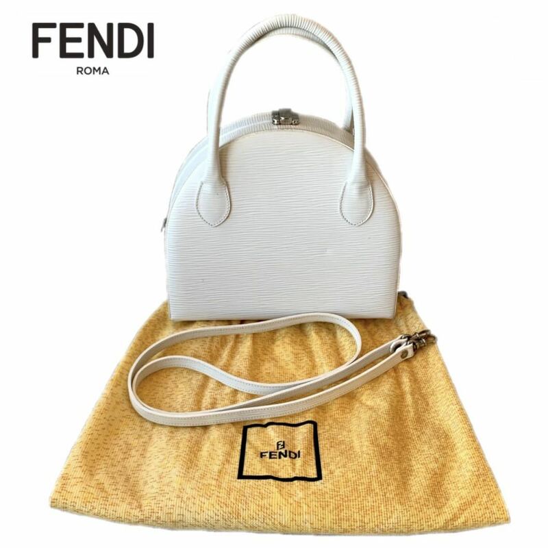 FENDI フェンディ ミニ ハンドバッグ bag バッグ ポーチ ショルダー 2way 肩掛け カーブレザー ホワイト 白 レディース 中古