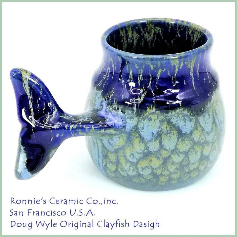 Vintage America Ronnie's Ceramic Company San Francisco Ceramic Cup マグ イルカ ドルフィン 鯨 クジラ 海 波 サーフィン 青 緑 ブルー
