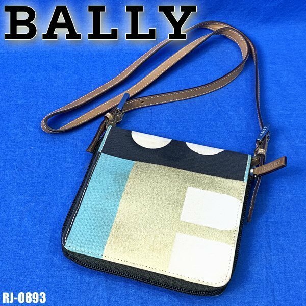 バリー ビジーB ショルダー ウォレット キャンバス レザー 本革 ラウンドファスナー 二つ折財布 BALLY ゴールド マルチカラー