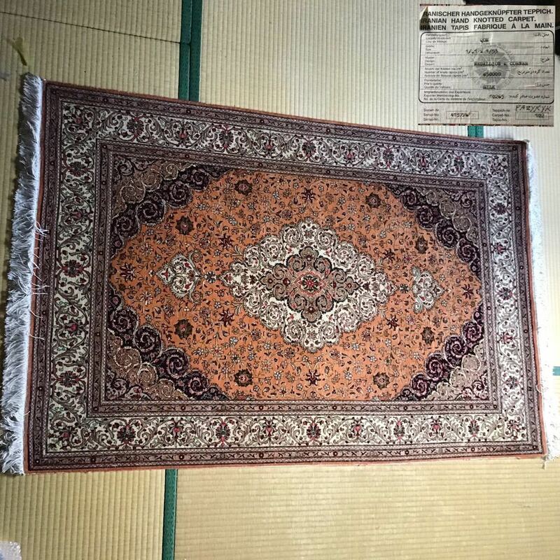 PAZYRYK パジリク絨毯 ペルシャ絨毯 85万ノット シルク100% メダリオン クム産 最高級 サーモンピンク 高密度 イラン ラグ カーペット silk