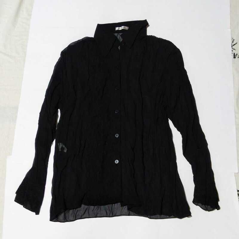 Aveland エービーランド　シワ加工シフォンとレースの素敵なシャツ/ブラウス　ブラック　Fサイズ　シフォン フォーマル 花 シースルー 黒