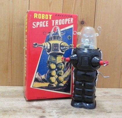 即決・ROBOT SPACE TROOPER/スペース トルーパー・ゼンマイ ぜんまい ブリキ おもちゃ・黒・FRICTION・ロボット