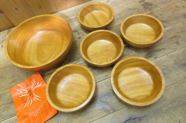 即決・楢の木・サラダボウル 6点セット(大×1、小×5)・ならの木 楢製 木製 器 鉢 盛り皿