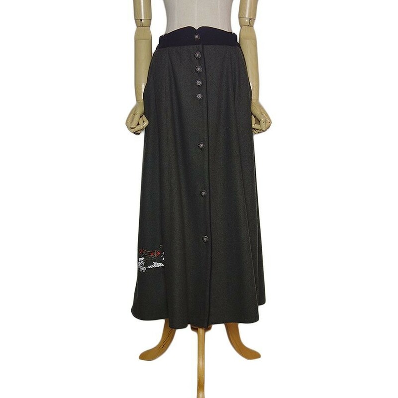 Alphorn 刺繍入り ウール混 スカート チロルスカート レディース 約w70.5cm ヨーロッパ 古着 民族衣装