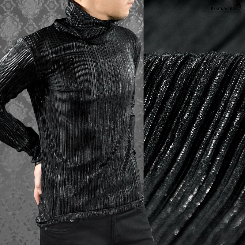 7#173702-bk BLACK VARIA アコーディオンプリーツ 光沢 ストライプ ピンタック 長袖 スリム ハイネック 長袖Tシャツ メンズ(ブラック黒) XL