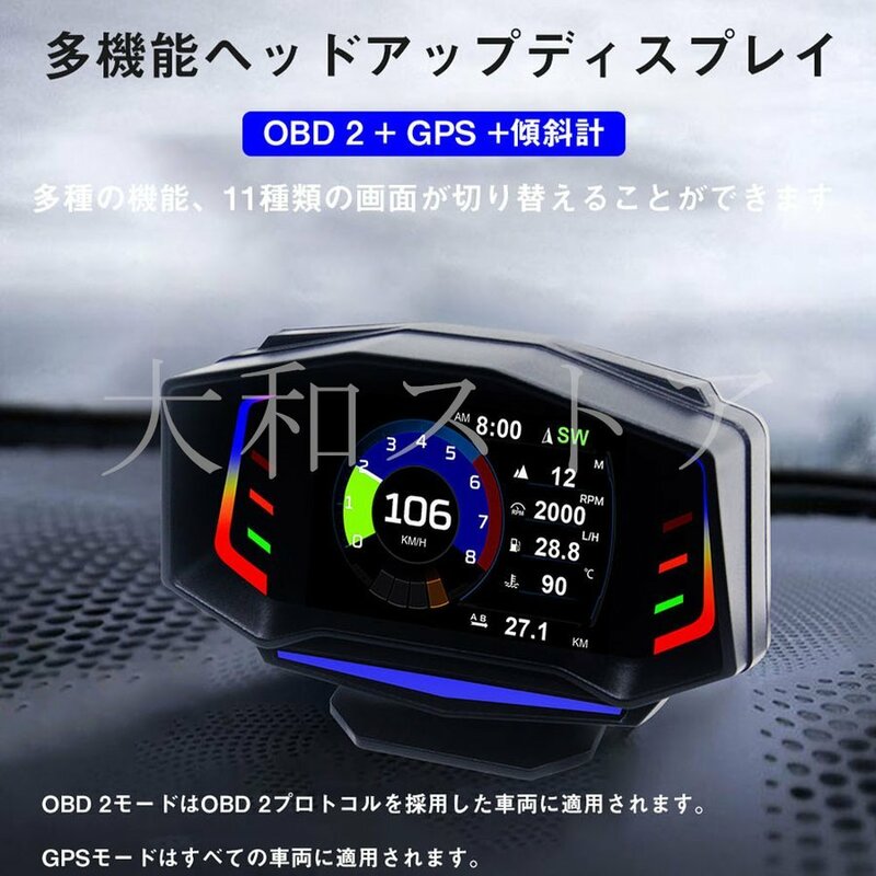 ヘッドアップディスプレイ スピードメーター 多機能ヘッドアップディスプレイ 最先端 メーター GPS OBD2 傾斜計 3つモード RGB メーター