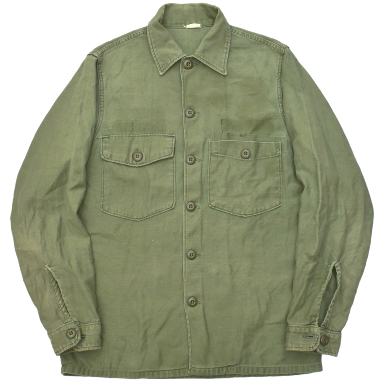 雰囲気◎ 60s usa vintage U.S.ARMY コットンサテン ユーティリティシャツ ベイカーシャツ オリーブ size.14 1/2-33 ボロ ダメージ