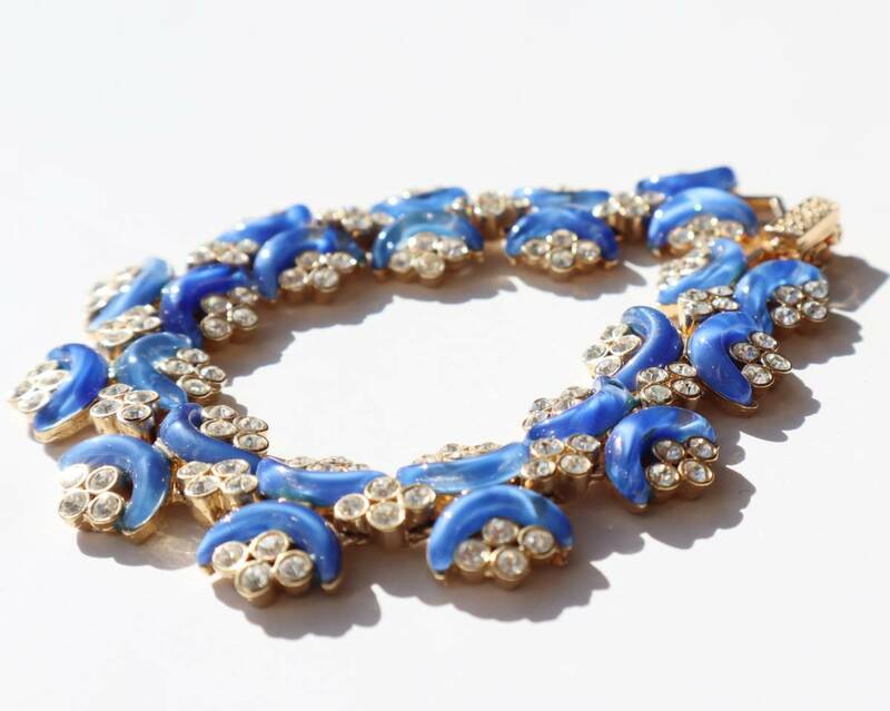 ★80s vintage blue gold rhinestone bracelet