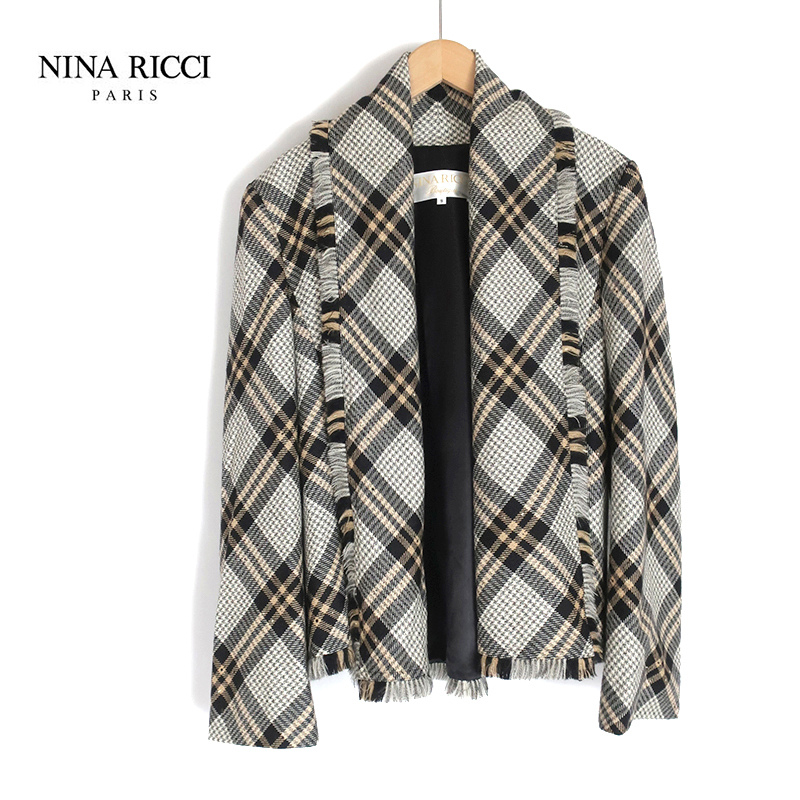 NINA RICH Boutique ニナリッチ ショールジャケット ライトツイード チェック柄 9(M) ITALY製生地