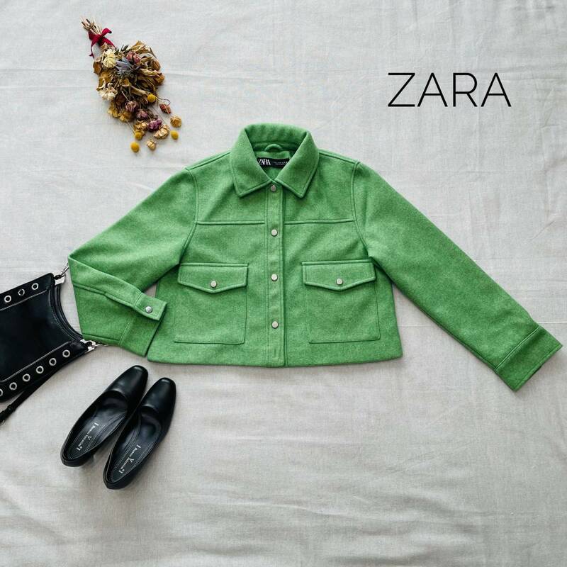 厳選☆レア　ZARA　タグ付き美品　クロップドジャケット　ライダース　M　蛍光色グリーン