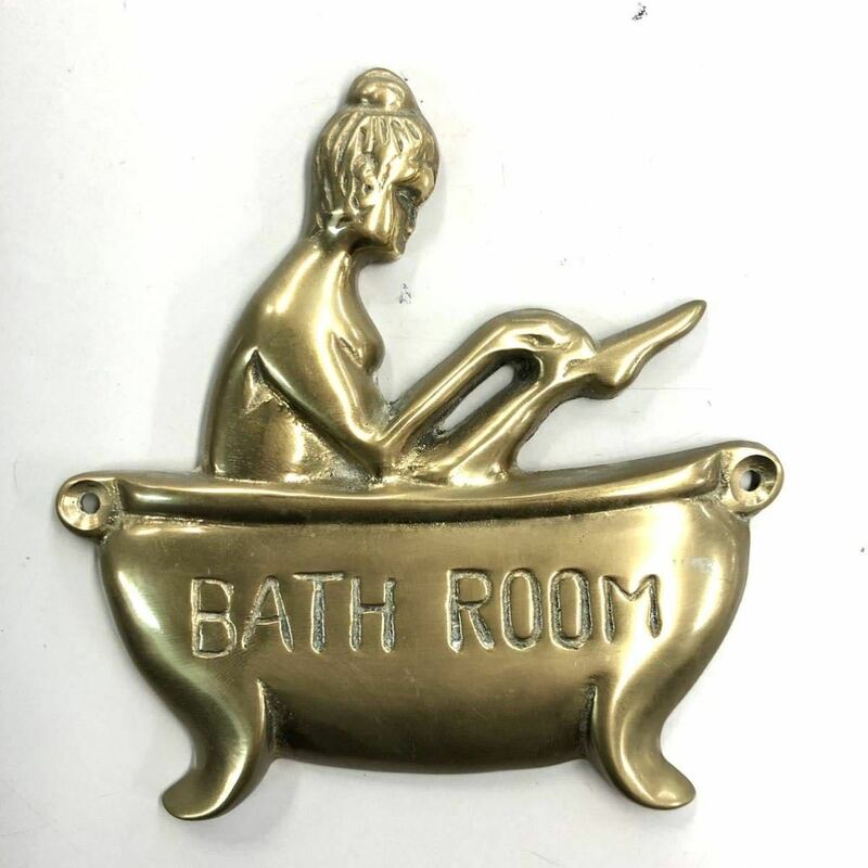 中古 メタル 真鍮製 サイン プレート バスルーム ネジ付き アンティークデザイン ゴールド 金色 文字 BATHROOM 浴室 お風呂 221127