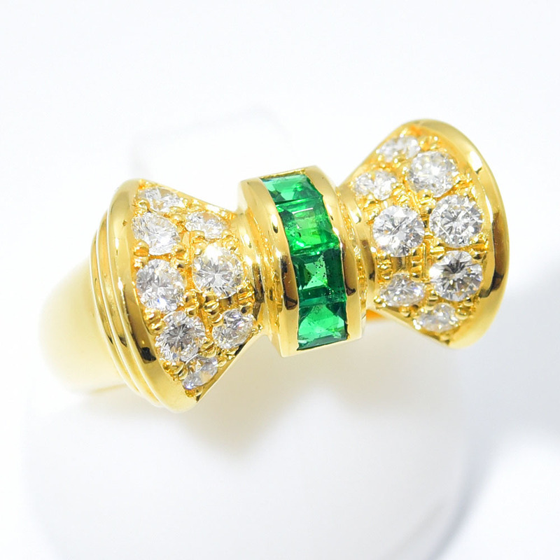 クイーン リング Queen 指輪 リボン エメラルド 0.24 ダイヤモンド 0.50 K18 750 約13号 新品仕上げ 中古