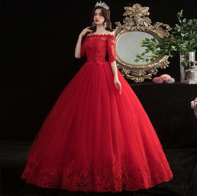 大人気レッド ウェディングドレス カラードレス ロングドレス Aライン オフショルダー マタニティ 小さい～大きいサイズ 赤 パニエ付
