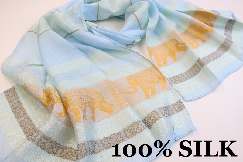 新品【SILK シルク100%】象 エレファント 幾何学柄 薄手 スカーフ/ストール アイスブルー系 ゴールド ホワイト