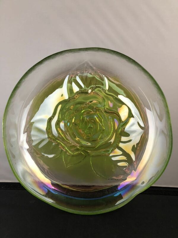 蔵出　カメイガラス　玻璃　翠宝　薔薇　盛皿　緑色　アンティーク　レトロ　箱ヨゴレ有
